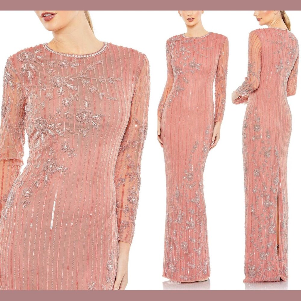 NWT $598 Mac Duggal [ 10 ]‎ Embellished High Neck Illusion Long Sleeve Gown Pink